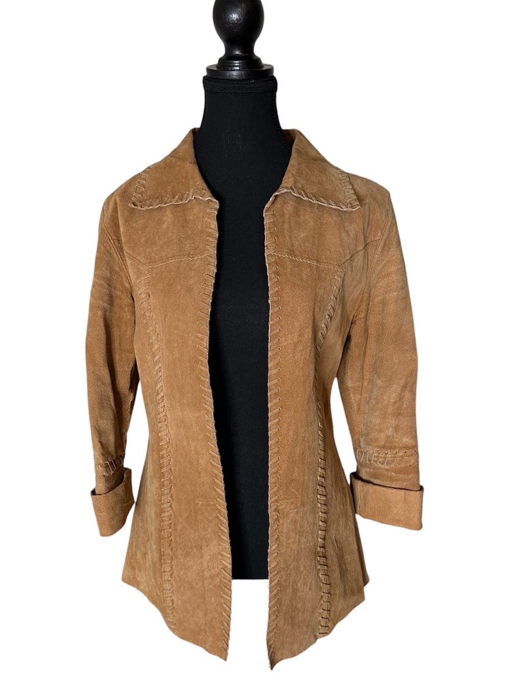 CLEO Tan Suede Lightweight Jacket Stitching Open Front Boho Size XS Extra Small